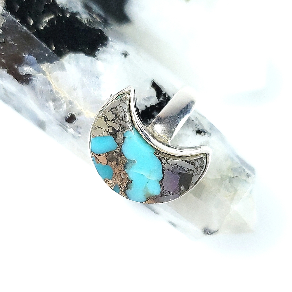 Sterling Silver Turquoise and Pyrite Crescent Moon Ring Size 7 - Picture 5 of 16